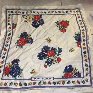 Never Used Tory Burch Floral Print Scarf with Red and Blue Accents with OG box